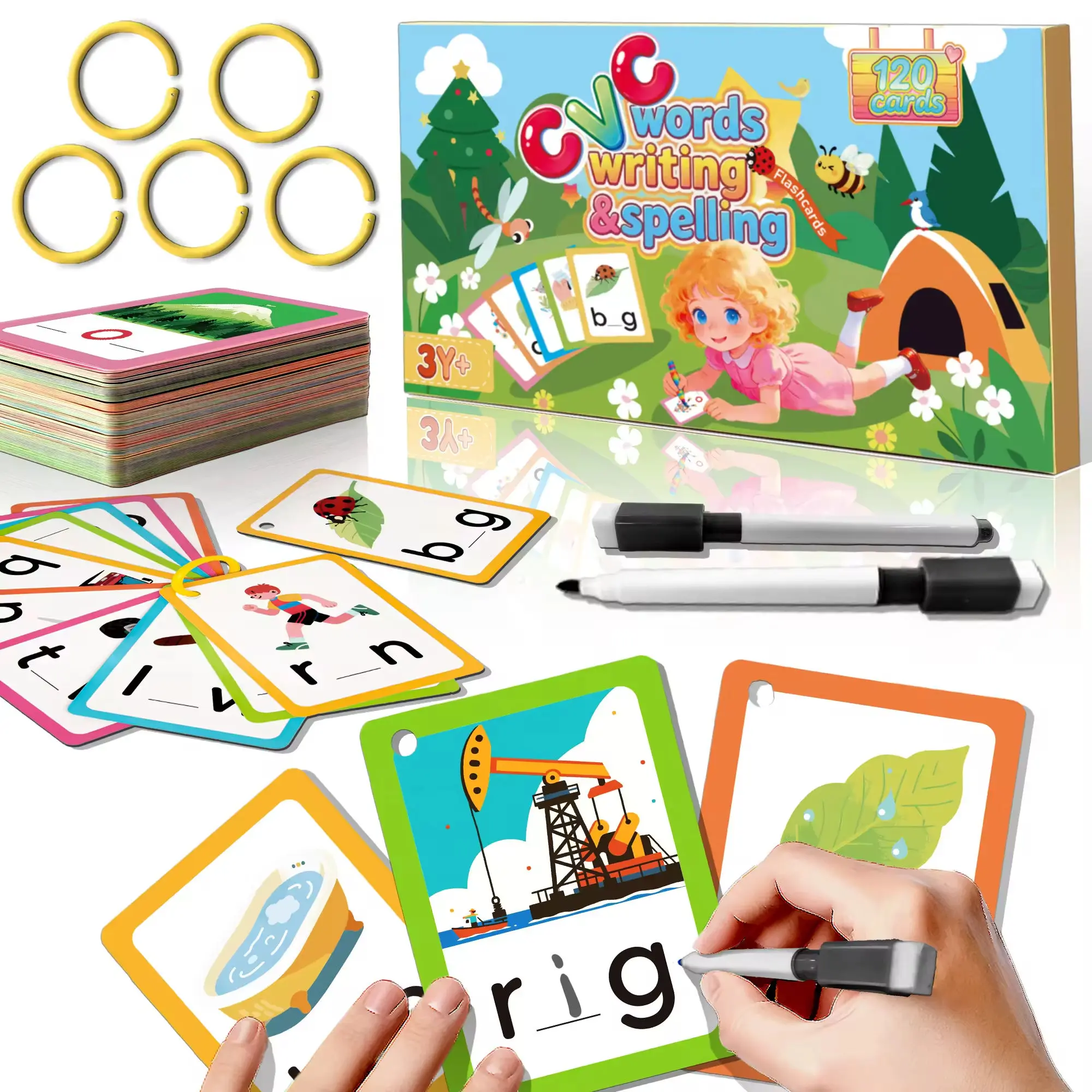 CVC Words Flash Cards for Preschool 120 Reusable Write & Wipe Cards Phonics Reading Activity for Ages 3+ with 2 Markers and 5 Rings