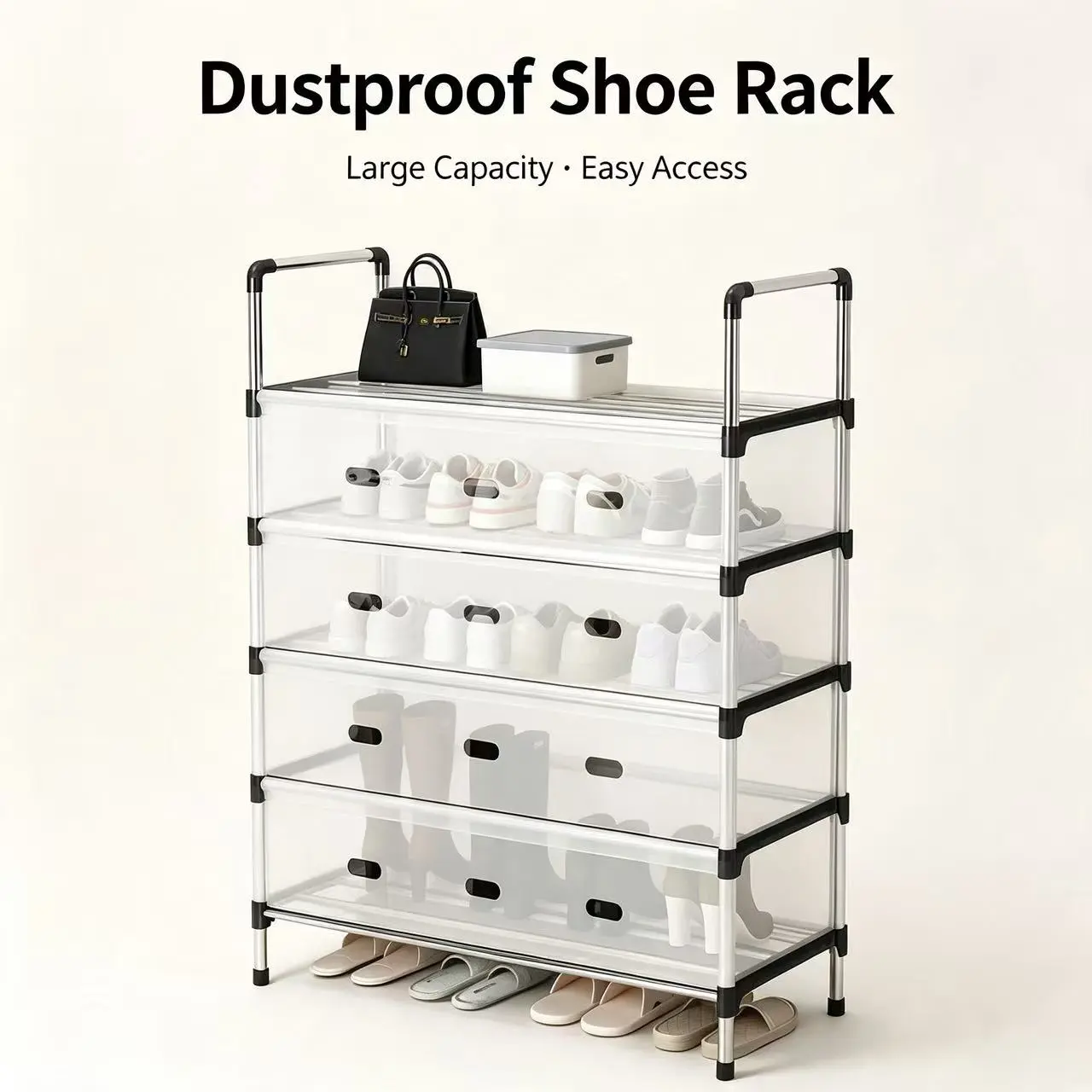 Dustproof Shoe Rack with Flip Frosted Door, 5-Tier Stainless Steel Shoe Organizer, Space Saving Entryway Storage Shelf for Sneakers, Boots & Slippers