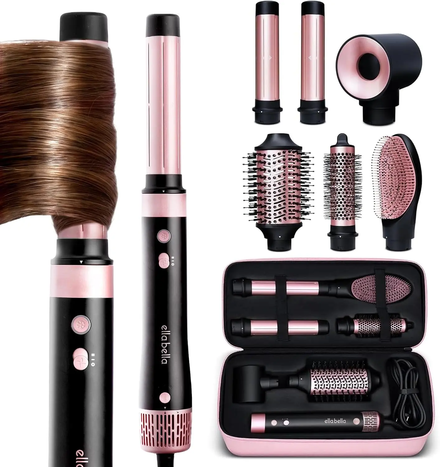 ELLA BELLA 6 in 1 Professional Hot Air Styler • Powerful Hair Dryer & Straightener Set • Styling Without Heat Damage • Fast Drying Curling Volumizing Straightening • Includes Protective Travel Case