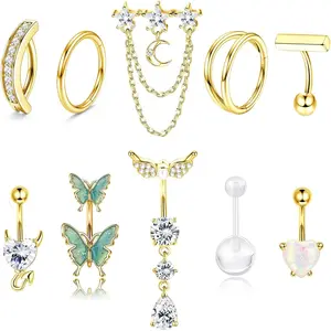 Trendy Summer 10 PCS Belly Bars for Women Surgical Steel Clicker Button Ring Butterfly Navel Piercing Pack Dangle Belly Bars Body Piercing Jewellry,14G