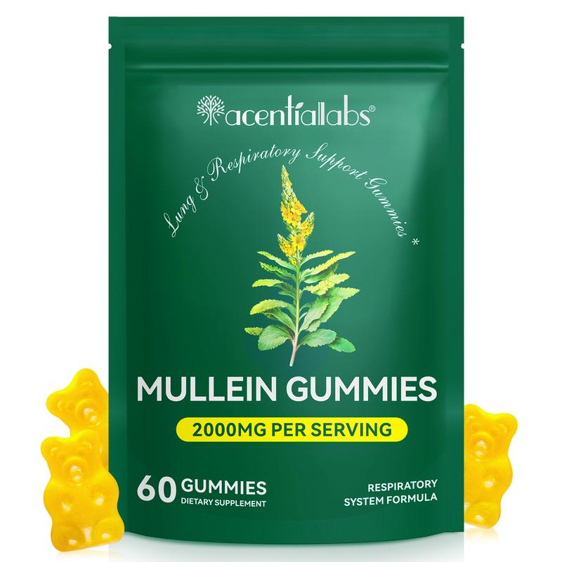 Acentiallabs Mullein Gummies with 2000mg Mullein Leaf Extract for Lung & Sinus Support, Pear Flavor, 60 Count, 30-Day Supply