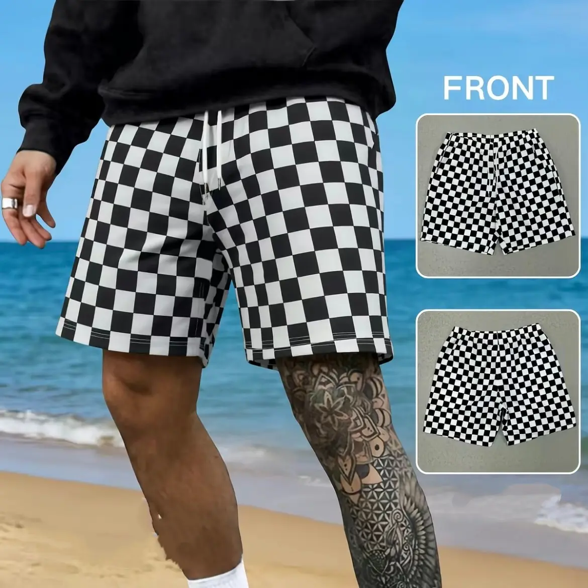 Men's casual non-stretch shorts in retro racing style - elastic waistband and checkerboard print; versatile for beach, skateboarding, and everyday outfits