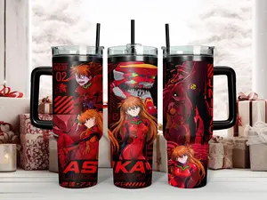 Neon Genesis Evangelion Asuka Langley Soryu & EVA Unit-02 40oz Insulated Stainless Steel Water Bottle - Red Mecha Graphic, Handle, Straw, Lid, Portable, Classic, Triple-Layer Insulation, Easy Cleaning - Gift for NGE Fans