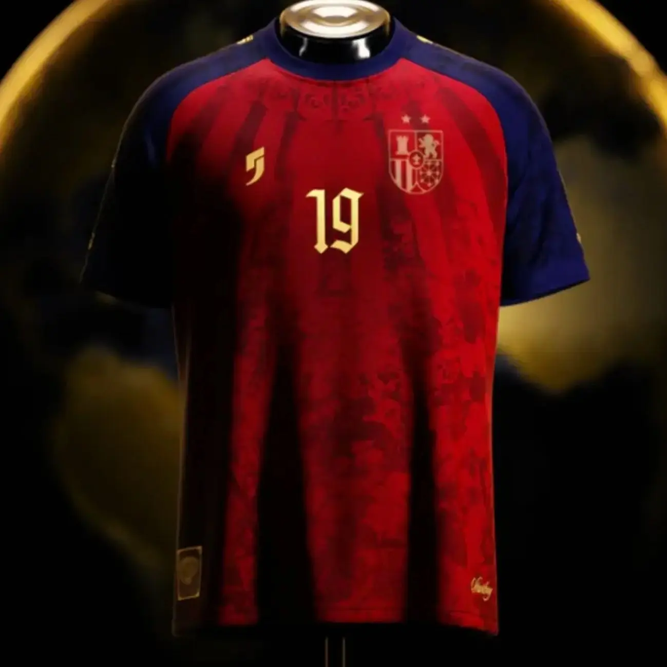 [FULL LOGO] - La Roja Red Navy No.19 Heritage Soccer Jersey, España Inspired Tonal Floral Football Jersey with Gold Crest, Unisex Short Sleeve Fan Jersey, Game Day Athletic Sportswear for Men Women - Personalization upon request