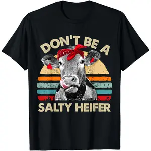 [100% Cotton] Funny Cow Design T-Shirt With Dont Be A Salty Heifer Saying.