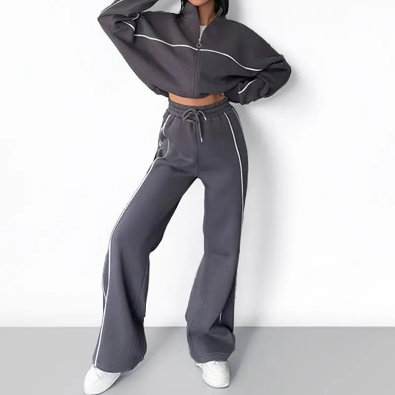 Women's 2-Piece Striped Athletic Tracksuits Set - Black Cropped