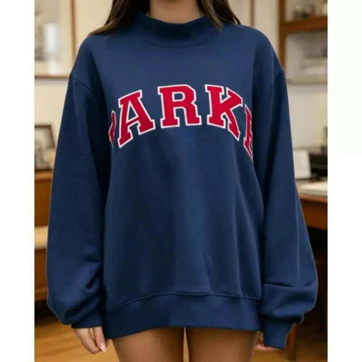 PARKE Women's Vintage College Varsity Letter Print Mock-Neck Long Sleeve Oversized Loose-Fit Sweatshirt, Sports Outerwear for Autumn Winter Daily Streetwear