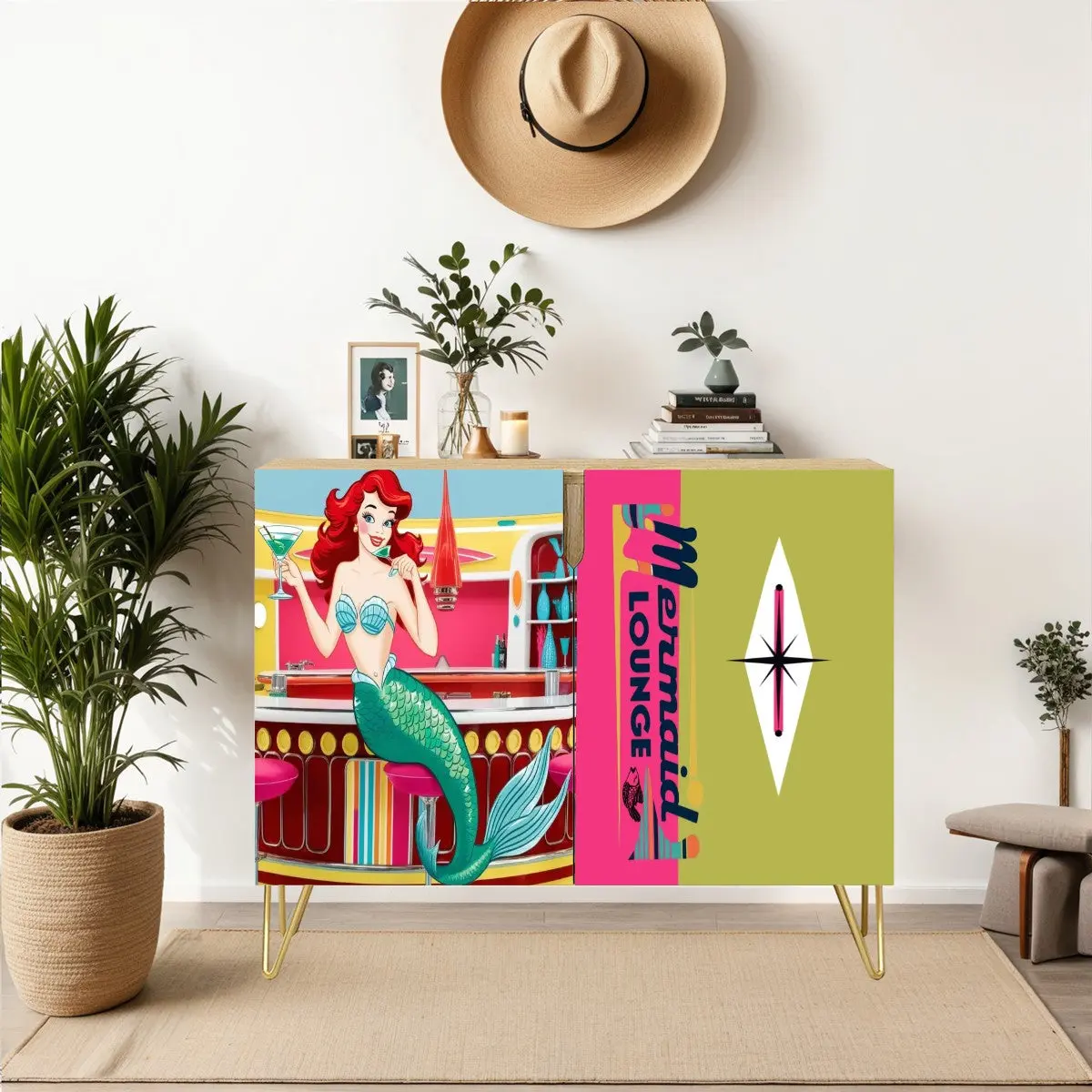 Mid Century Modern Mermaid Kitschy Hot Pink, Green Atomic Coctail MCM Bar Cabinet Wooden Storage Cabinet