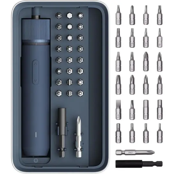 HOTO 25-Piece Upgraded Cordless Electric Screwdriver Kit, 1/4'' Hex, Magnetic Lid, 1500mAh Rechargeable, LED Light, Steel Bits for Wood Surfaces, Ideal for Furniture Assembly, Home Repair
