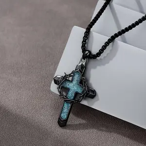September Laurel  1Pcs Cross Necklace for Men, Turquoise Cross Pendant Necklace with a Thorny Wreath and Cross Design, Religious Christmas Birthday Gifts for Men And Women