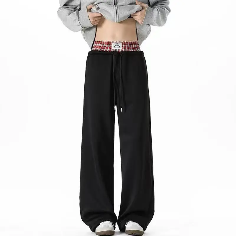 TikTok viral plaid double-waist wide-leg sweatpants for women, high-waisted baggy black casual streetwear pants, Y2K style Womenswear Bottom Trouser Wideleg Basic Minimalist