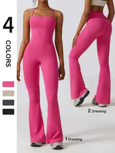 Women's Solid Color Flare Leg Sports Jumpsuit, Sporty Breathable Comfortable Jumpsuit for Yoga Gym Workout, Ladies Sportswear for All Seasons, Stylish Activewear