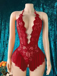 Women's Sexy Lace Trim Fitted Halter Neck Bodysuit Lingerie, Waist Design with Cutout Holes, Multiple Colors Available, Elegant Comfortable Fit, Underwear
