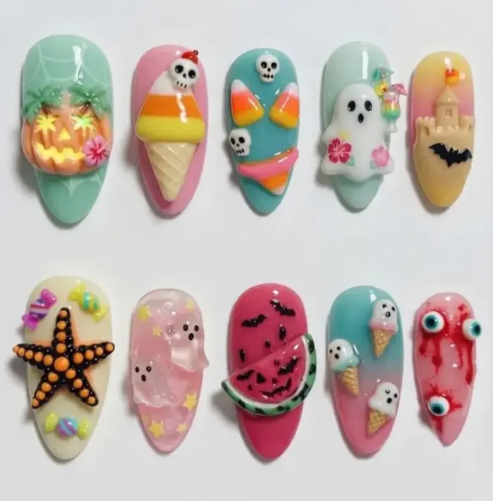 Pastel Halloween M73 Press On Nails | Ghost Ice Cream, Pumpkin & Summer Beach Design