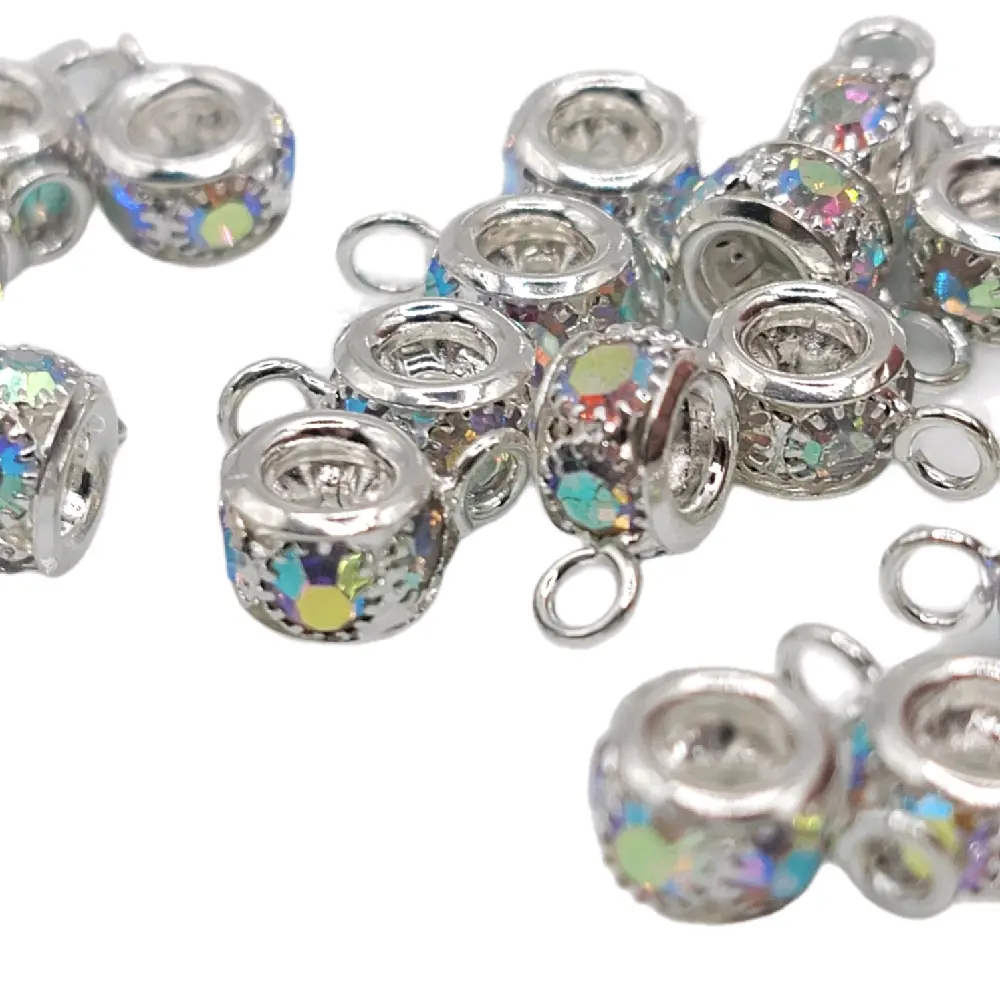 Fancy rhinestone spacer bead with bail, alloy metal, set of 5 bail beads
