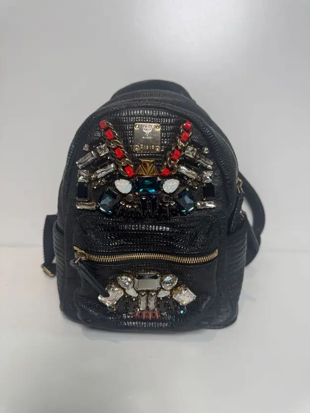 Pre-owned MCM leather Mini Backpacks Crown Jewel Bebe Boo Backpack Black & Swarovski Crystals MCJX5