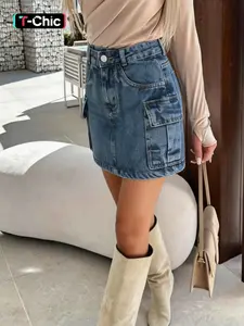 Women's New Denim Short Fitted Skirt Bottom Womenswear Breathable Comfort Spring Summer 2026 Pocket Button Design Elastic Casual Everyday Fashion Mini Dress