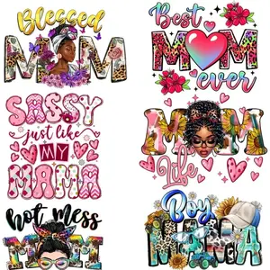 6Pcs Mother's Day Iron On Vinyl Transfer Stickers Floral Leopard Heart Best Mom Holy Mom Phrases Washable Fabric Patches for T Shirts Crafts Clothing Decor Bright Colors Easy Apply Durable Gift for Mo