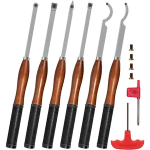 Full Size Carbide  Lathe Turning Tool Kit with Wooden Box, 6 count 18" Professional Carbide Lathe Tools including Swan  Hollower, Rougher, Finisher, Beech Handle with Rubber