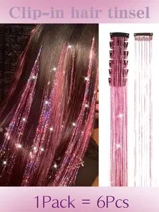 22 Inch Clip in Hair Tinsel, 6 Pcs of Pack, Glitter Tinsel Hair Extensions Party Dazzle Colorful Hair Accessories Strands Kit for Women Girls Kids.
