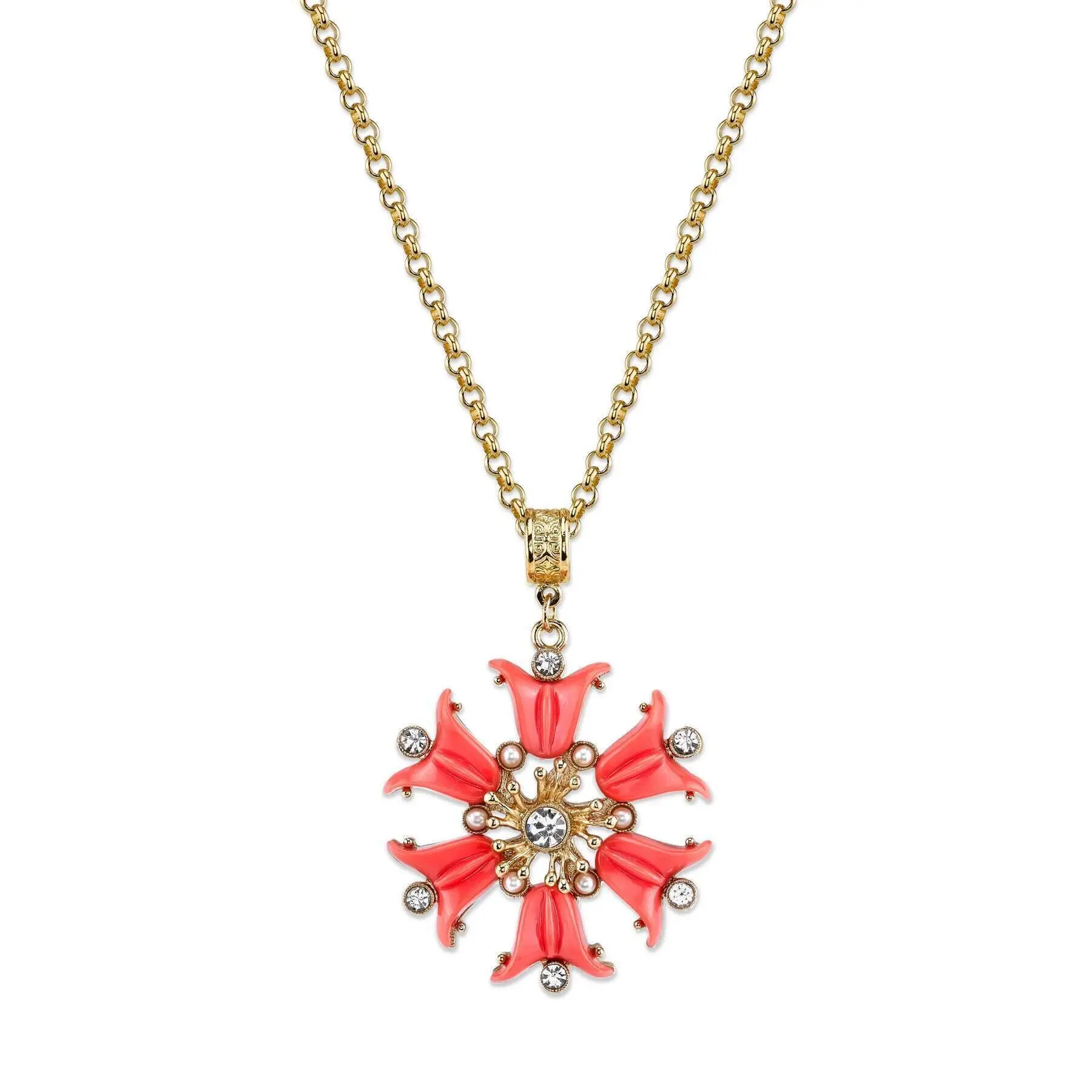 Coral Orange, Crystal And Faux Pearl Flower Pendant 30"  Necklace