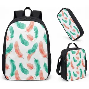 Pink Purple Blue Feather 17 Inch Backpack 3 Piece Set Vibrant Gradient Abstract Graphic Large Travel Daypack Bundle