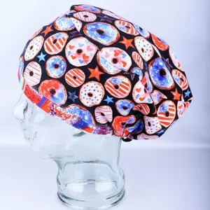 Patriotic Donuts Full Coverage Scrub Cap - Stretch Cotton Euro Style - Nurse Uniform