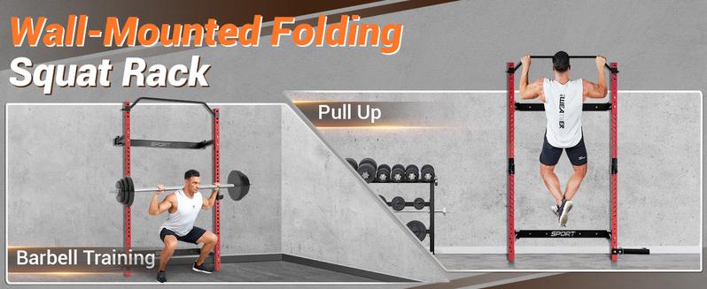 GARVEE Folding Squat Rack with 1000LBS Capacity, Wall Mounted Design, Includes Pull Up Bar, J Hook, and Landmine Attachment for Versatile Home Gym Workouts and Space-Saving Solutions.