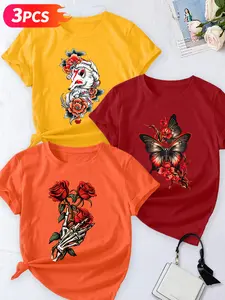 Women's 3-Pack Casual Short Sleeve Crew Neck T-Shirt, Watercolor Daisy/Sunflower/Tulip Floral Print Set, Multiple Colors, Machine Washable, Spring & Summer Top, Soft Skin-Friendly Fabric, Daily Wear, Fashion Design, Womenswear