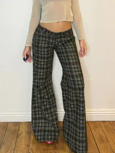 Women's Retro Gingham Flared Long Pants, Low-Waisted Wide-Leg Design, Fitted Casual Style, Button Fly Closure, Trouser, Bottom, Womenswear