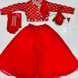 Georgette Choli Palazzo with Pouches - Red Color with White Floral Design Top and Matching Palazzo Set