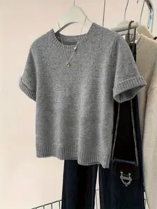 Women's Crew Neck Knit Short Sleeve Top | Soft Rolled Cuff Casual Basic Tee Versatile Everyday Wardrobe Staple Knitwear Womenswear