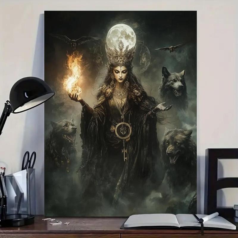 Goddess Hecate Fine Art Print,  Witchcraft Vintage Oil Painting, Frameless Gothic Fantasy Wall Art with Hellhound & Raven, Home Decor Canvas Painting Ornaments Decoration