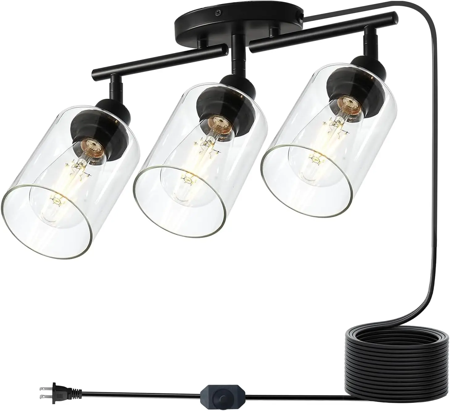 Modern Dimmable 3 Light Plug in Ceiling Light ,Black Plug in Track Lighting Kit with 16.5' extra-long cord with switch,Clear Glass Shade,Flexibly Rotatable Light Head,Modern Industrial Farmhouse Style