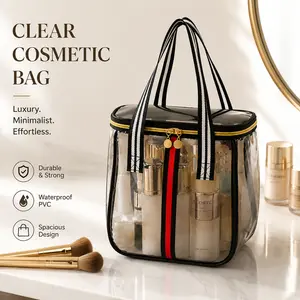 Premium Transparent Waterproof Double-Zipped Make-Up Bag - High-Capacity Organizer with Reinforced Widened Handle - Modern Multi-Format On-the-Go Zip Bag for Toiletries Cosmetics Towels - Ideal for Gym Travel (Transparent Black)
