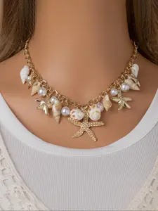 Boho Starfish Conch Pearl Shell Pendant Necklace, Beach Vacation Sand Women Chain Necklaces, Summer Fashion Jewelry