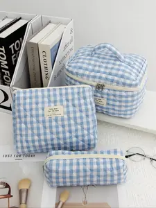 Plaid Pattern Letter Patched Design Makeup Bag, Large Capacity Makeup Organizer, Travel Skincare Makeup Storage Bag with Handle, Multifunctional Storage Bag