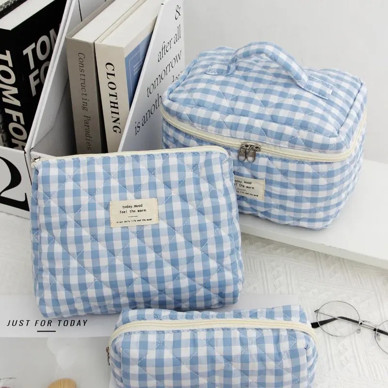 Plaid Pattern Letter Patched Design Makeup Bag, Large Capacity Makeup Organizer, Travel Skincare Makeup Storage Bag with Handle, Multifunctional Storage Bag, Cosmetic Organizer Pouch, Makeup Cosmetic Organizer, Cosmetic Travel Bags