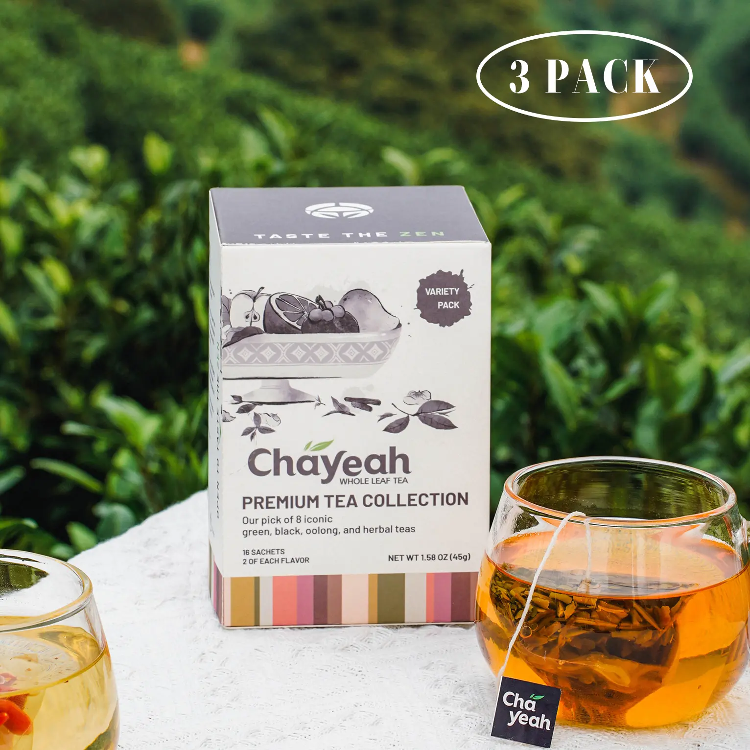 CHAYEAH, Premium Tea Collection, 8 Flavors Variety Pack, Green, Black, Oolong, Pu’erh & Herbal Tea Sampler, Caffeinated and Non-Caffeinated, Natural and Sugar Free, Healthy Beverage