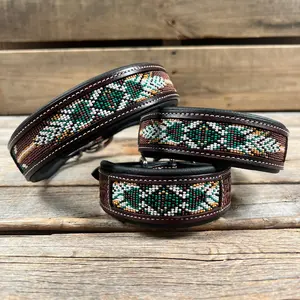 Tooled Green and Brown Genuine Leather Beaded Dog Collar #DC447