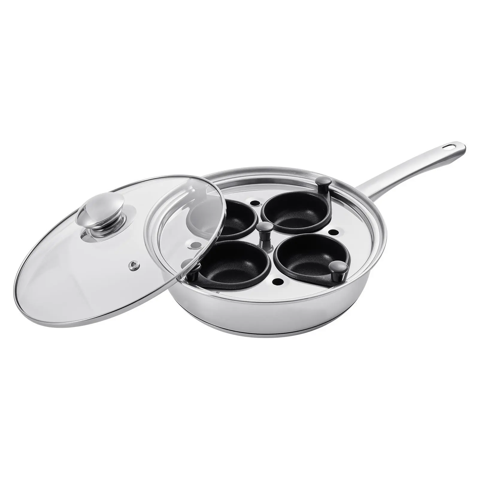 【Summerfinds】VEVOR Egg Poacher Pan,  , 4-Cup Poached Egg Maker, Stainless Steel Poaching Pan and Frying Skillet, with 4 Nonsitck Detachable Large Cups, Lid, and Silicone Spatula, Compatible with Induction Stovetop
