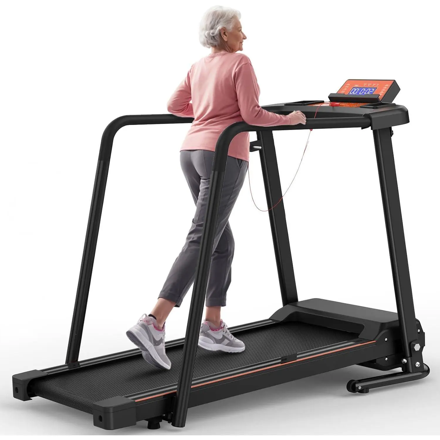 Seniors' Folding Handrail Walking Treadmill - Compact Home Fitness Equipment with Extended Safety Handrails, 3.0 HP Silent Motor, 300 LBS Capacity, LED Display Screen, Multi-Layer Belt