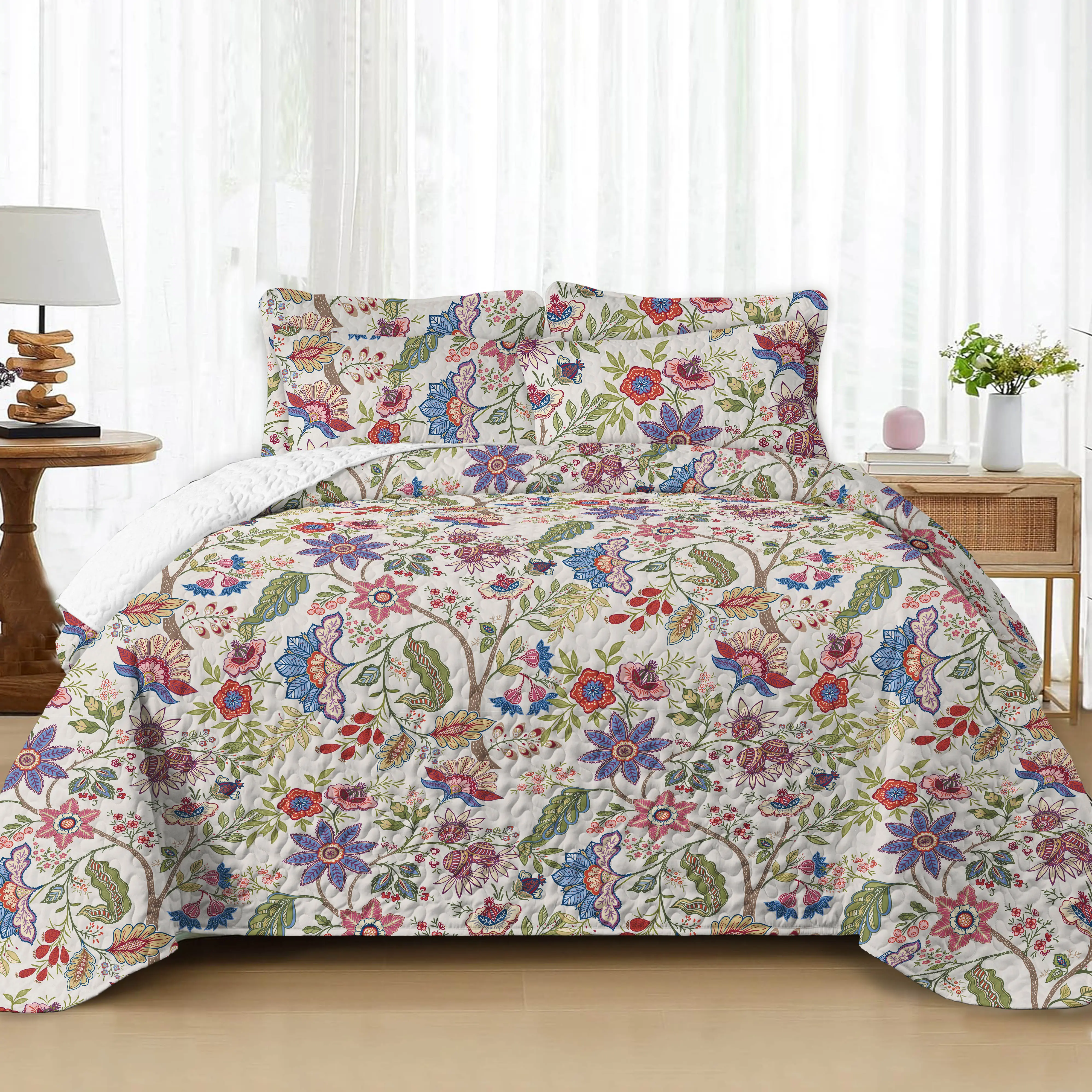 Boho Style Lightweight Quilted Thin Comforter, Rustic Vintage Bedspread, All-Season Bedding Set (King / Queen size includes 2 pillowcases, Twin size includes 1 pillowcase