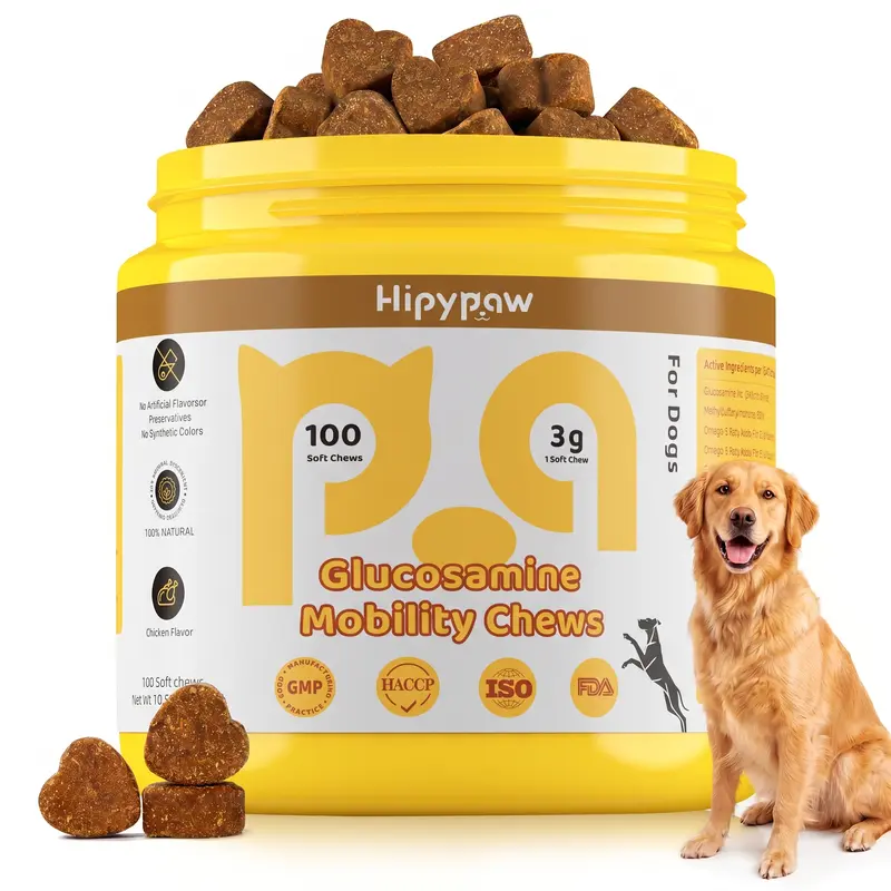 Hipypaw Hip & Joint Mobility Bites for Dogs - Natural Chicken Flavor Supplement with Glucosamine, Chondroitin, MSM, Hip & Joint Care, Nutritional Support, 24 Months Shelf Life, GMP & HACCP Compliant, ISO 9001 Certified (100 Soft Chewables)