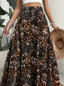 A women's black floral long dress, suitable for commuting to work, shopping, outdoor activities, indoor and outdoor dressing
