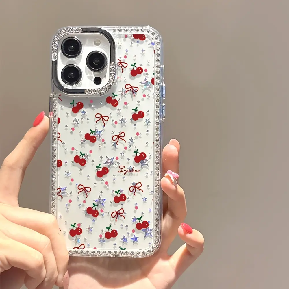 Cute Cherry Luxury Rhinestone Fashion Phone Case, Bow Pattern Phone Case, Transparent Sparkling Diamond Frame Star Case Anti-Drop Case, Suitable for iPhone 17/16/15/14/13/12