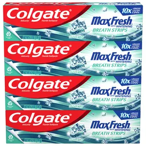 Colgate Max Fresh Whitening Toothpaste with Mini Strips, Clean Mint Toothpaste for Bad Breath, Helps Fight Cavities, Whitens Teeth, and Freshens Breath, 6.3 Ounce (Pack of 4) Oral Sugar