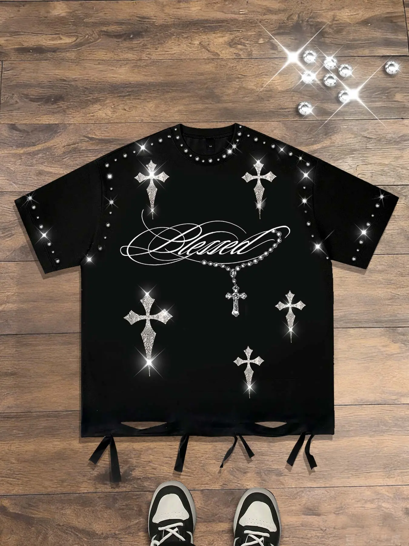 Diamond short sleeved men's cross black hole breaking gothic unisex cotton geometric Graphic Prints T-shirt, street fashion Y2K cross flash diamon, Streetwear, Classic