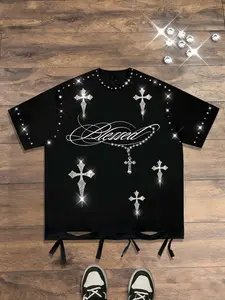Diamond short sleeved men's cross black hole breaking gothic unisex cotton geometric Graphic T-shirt, street fashion Y2K cross flash diamon, Streetwear