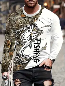 Men's Fashion Camo Print Long Sleeve Round Neck Top, Casual Fitted Mesh T-Shirt for Spring & Fall, Trendy Colorblock Design